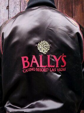 Vintage Bally’s Casino Las Vegas XL Black Satin Bomber Jacket Back Embroidery